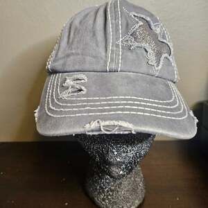 C.C Distressed Ponycap Cap Messy High Bun Glitter Star Design Hat, Grey - .com,